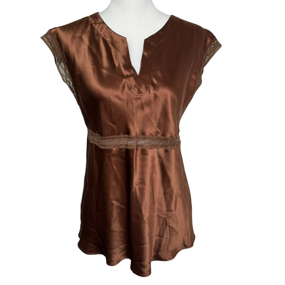 NEIMAN‎ MARCUS NK IMODE Women's Medium Brown 100% Silk Lace Blouse Tank Lingerie